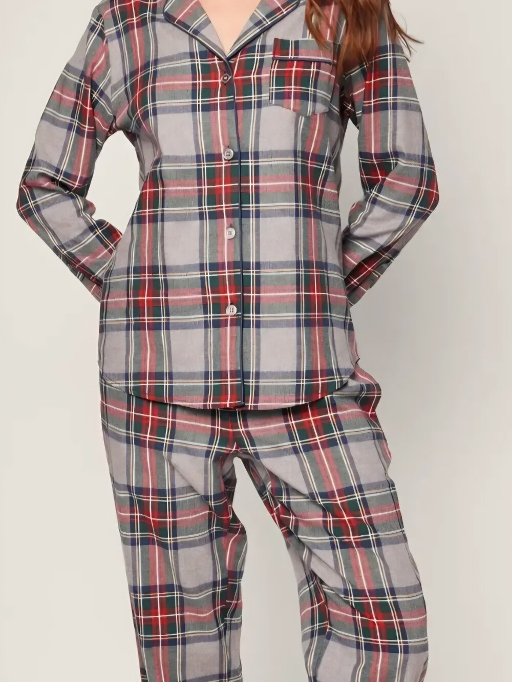 Petite Plume Brushed Twill Pajama Set Westminster Tartan Gray Plaid XS